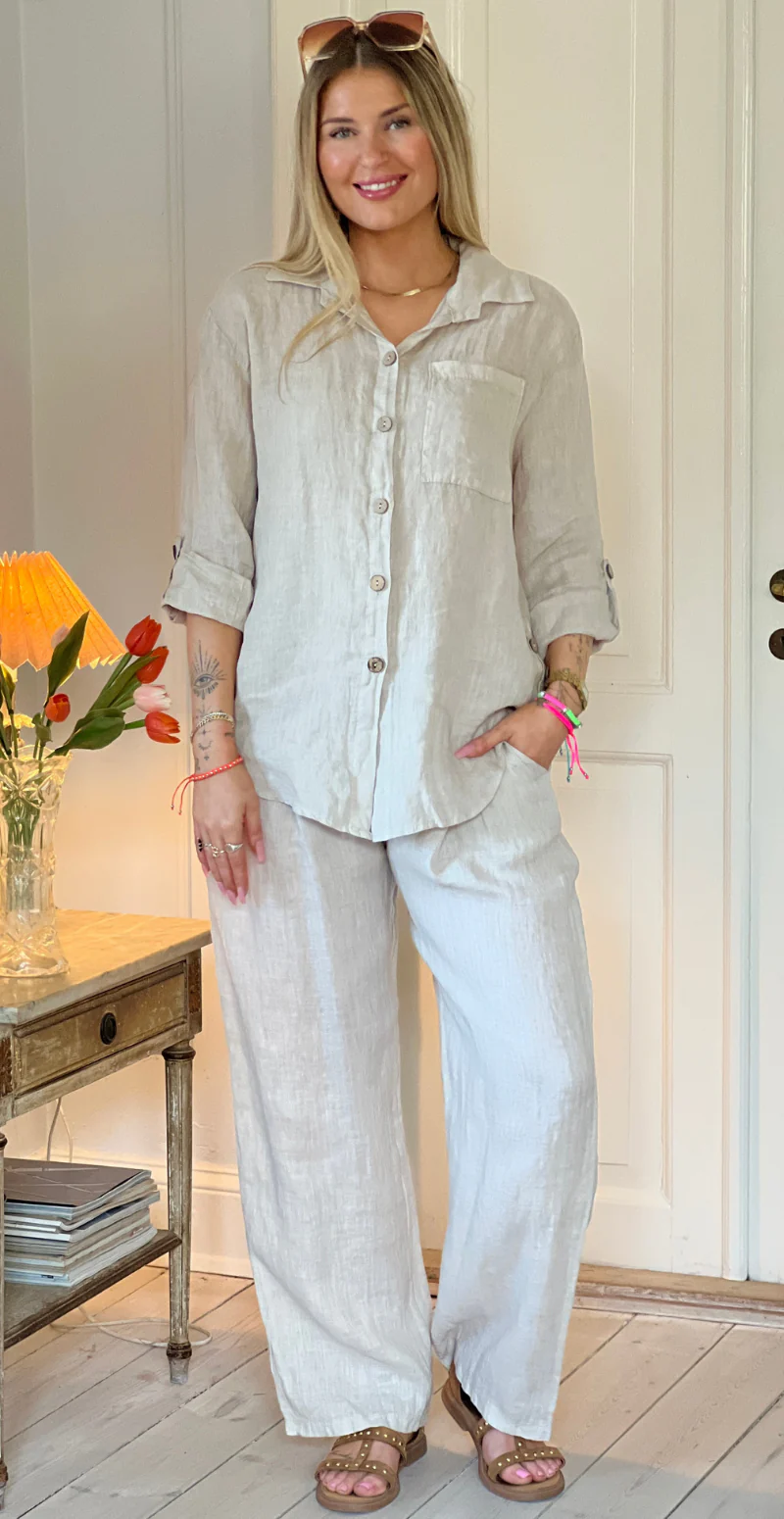 Bicca hørskjorte med brystlomme og pynteknapper beige LikeLondon - Image 3