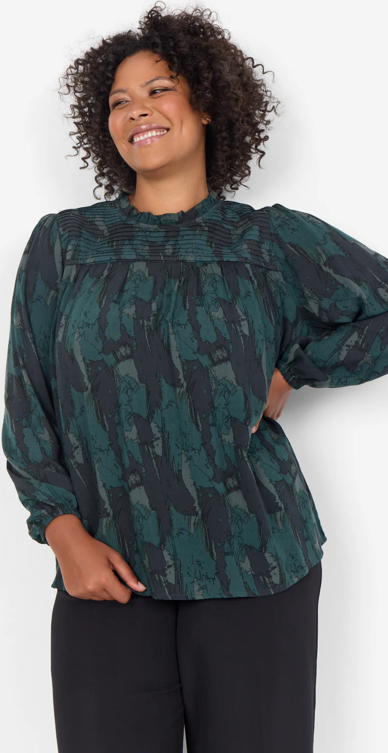 Bluse med print og lægdetaljer mørkegrøn - Image 3