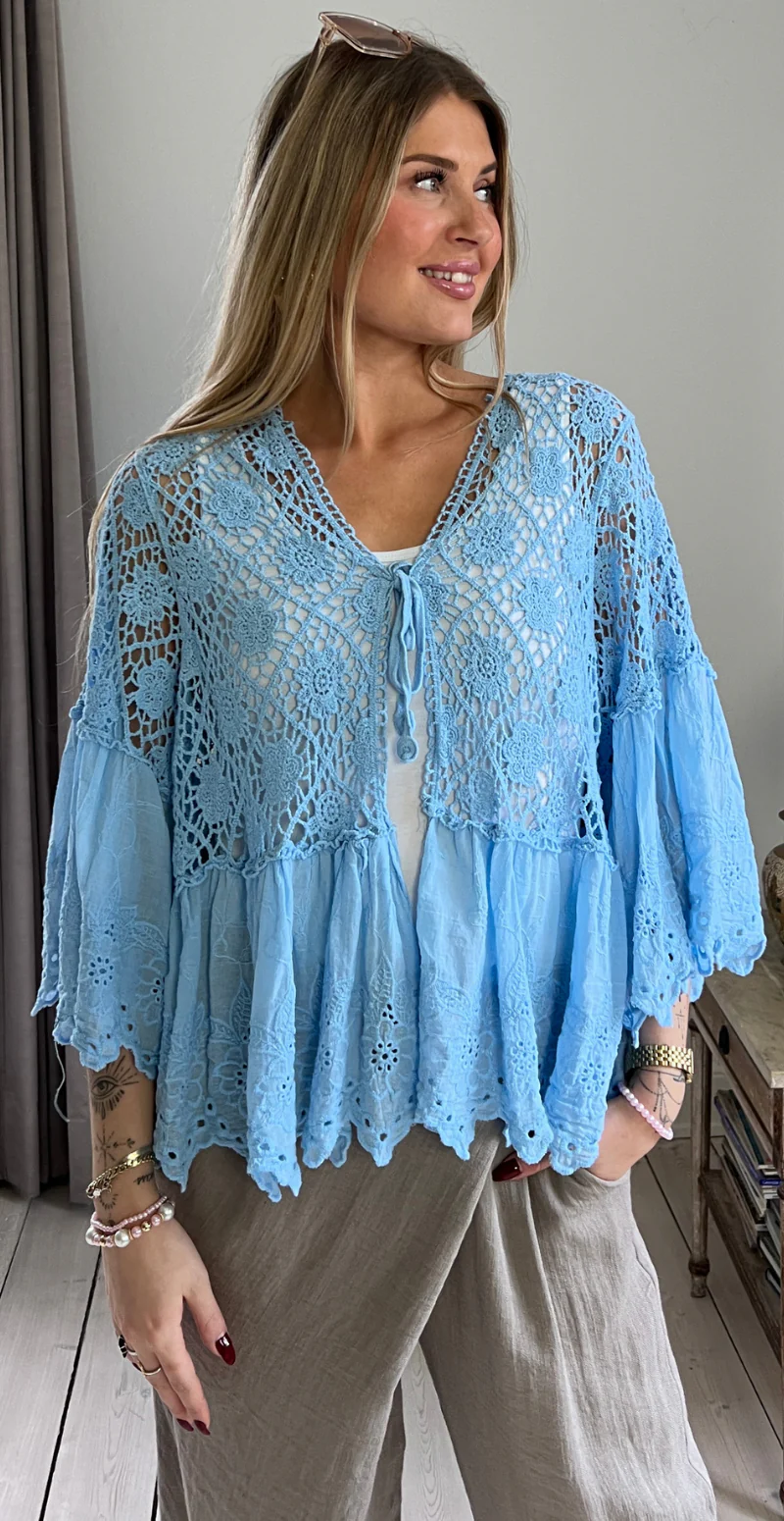 Carma hæklet cardigan med blonder og bindelukning sky LikeLondon - Image 5