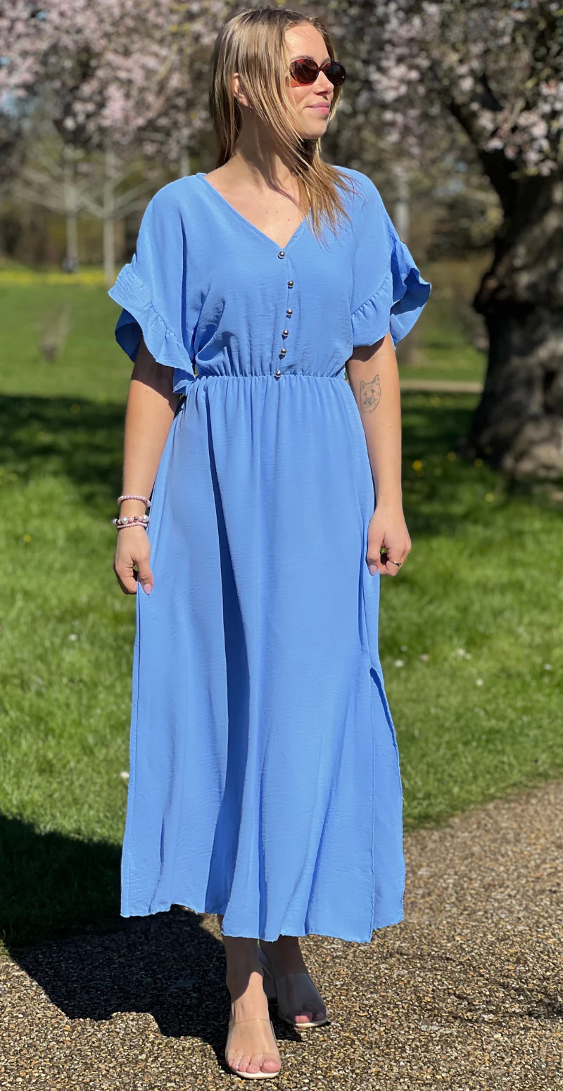 Cordelia kjole med guldknapper og bælte i taljen blå LikeLondon - Image 2