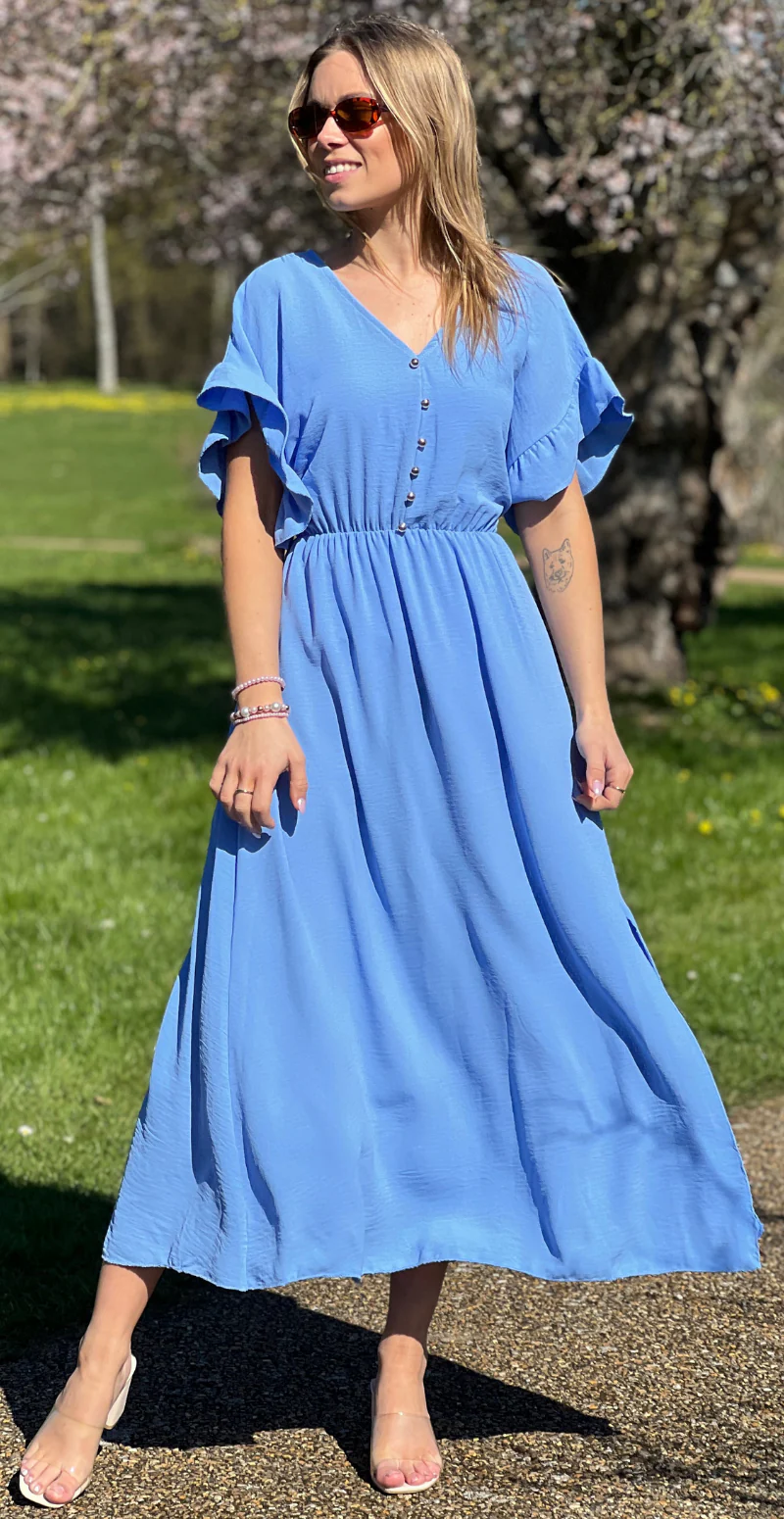 Cordelia kjole med guldknapper og bælte i taljen blå LikeLondon - Image 3