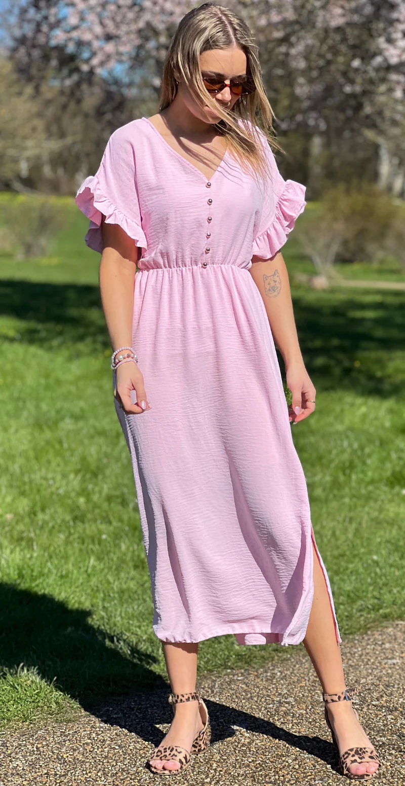Cordelia kjole med guldknapper og bælte i taljen rosa LikeLondon - Image 3
