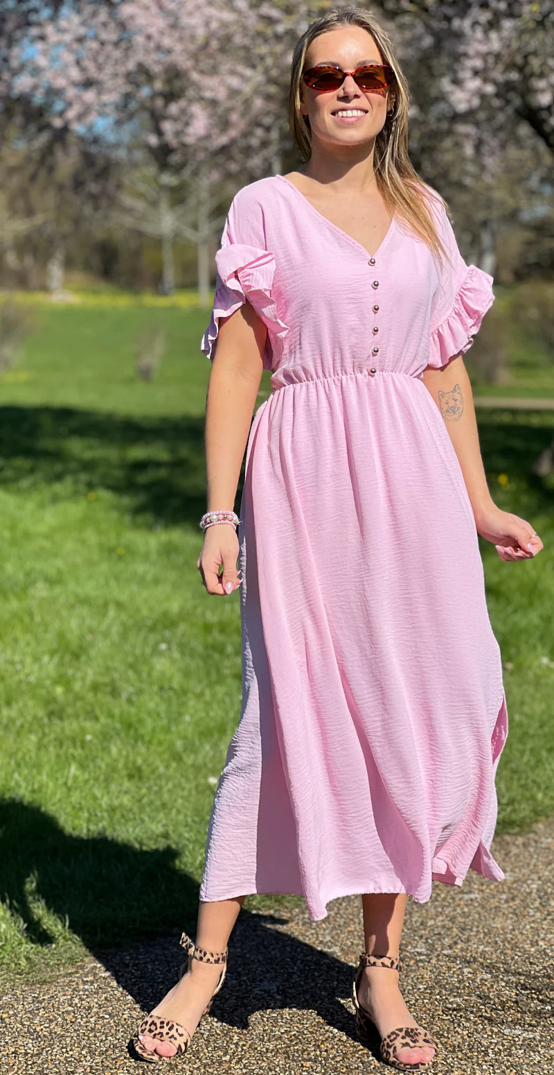 Cordelia kjole med guldknapper og bælte i taljen rosa LikeLondon - Image 4