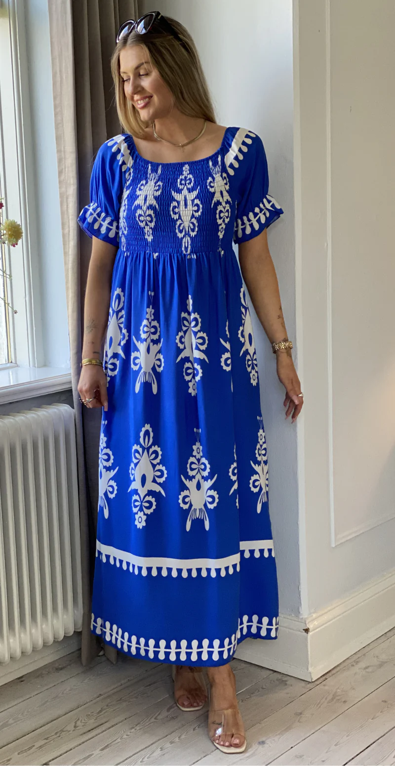 Elga lang kjole med smock og mønster royal blue LikeLondon - Image 2