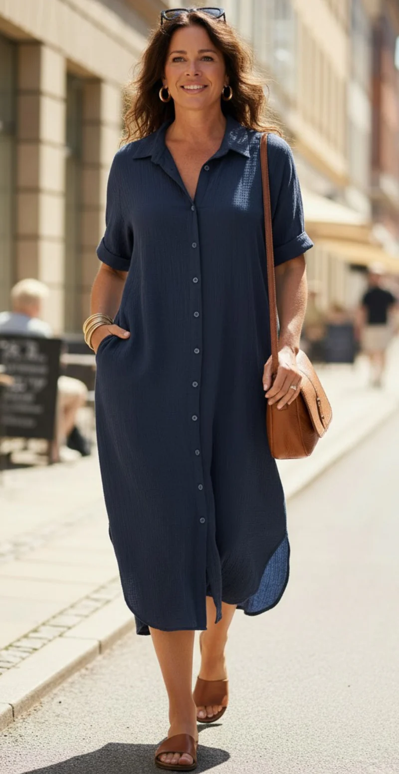 Ella gennemknappet kjole i musselin navy LikeLondon - Image 4