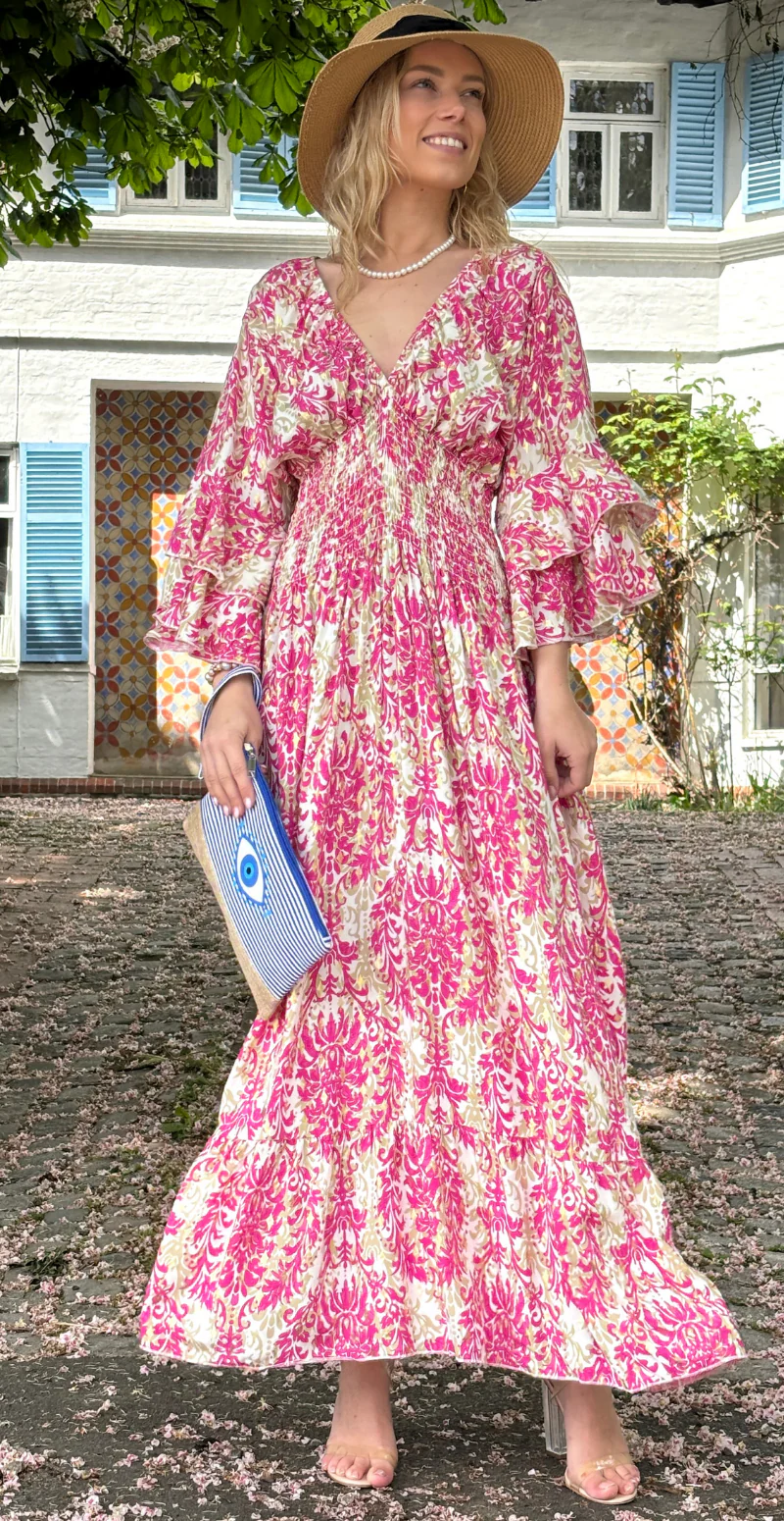 Esther lang mønstret kjole med smock i taljen og flæseærme pink LikeLondon - Image 5