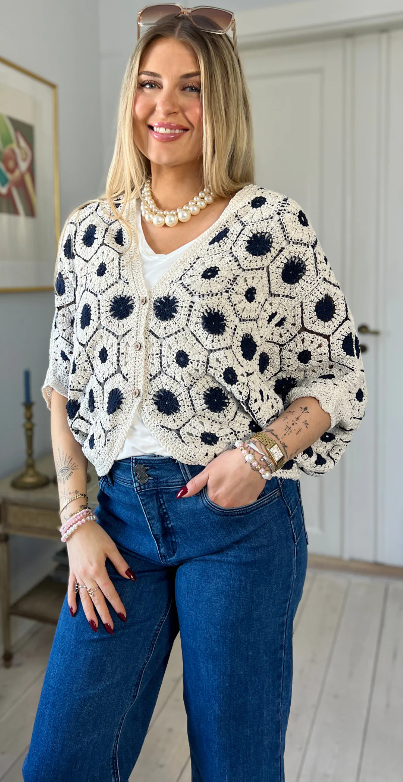 Etina kort cardigan med hæklet mønster og træknapper navy LIkeLondon - Image 4