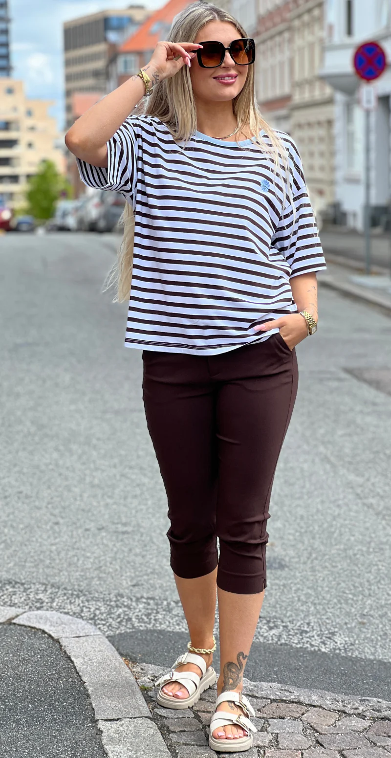 Fenjal t-shirt med striber og blomst brilliant white w. coffee bean Freequent - Image 2
