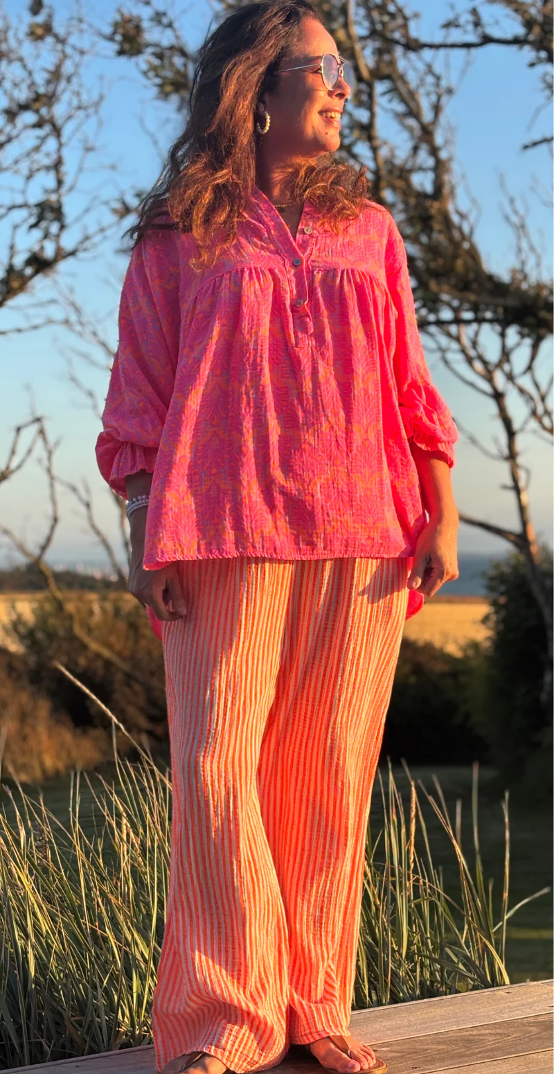 Zelina bukser med striber i musselin orange LikeLondon
