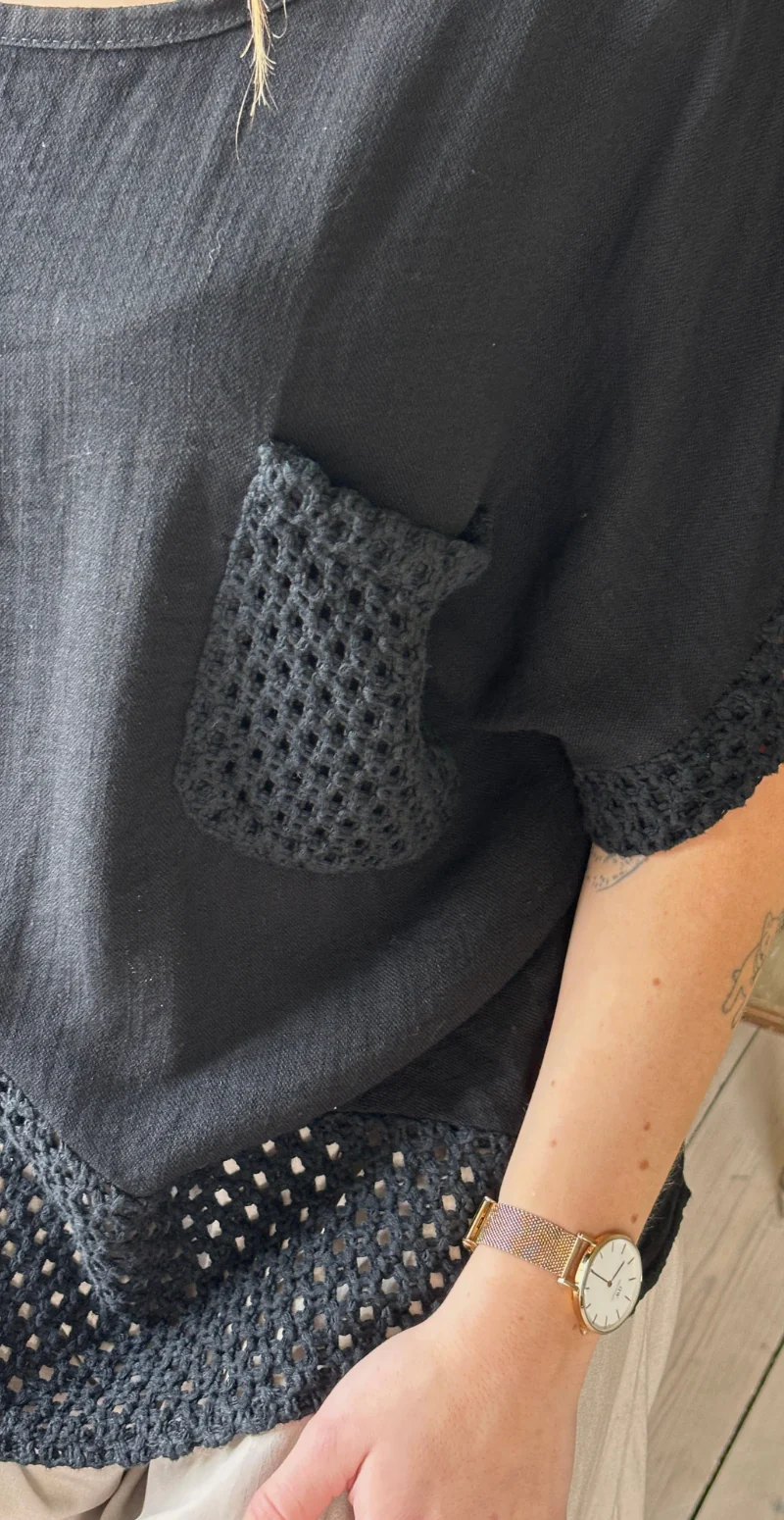 Gladys bluse med kort ærme og hæklede detaljer sort LikeLondon - Image 6
