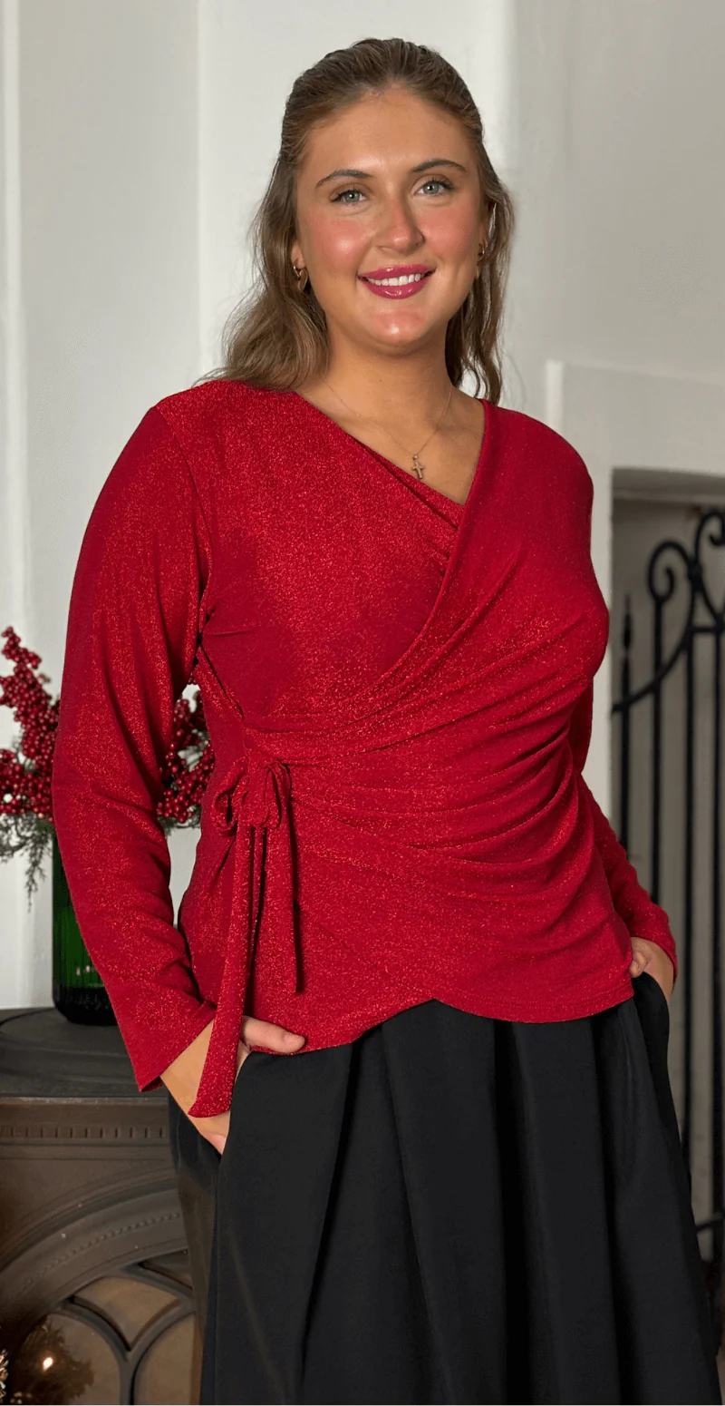 Nela glimmer bluse med wrap-effekt rød LikeLondon