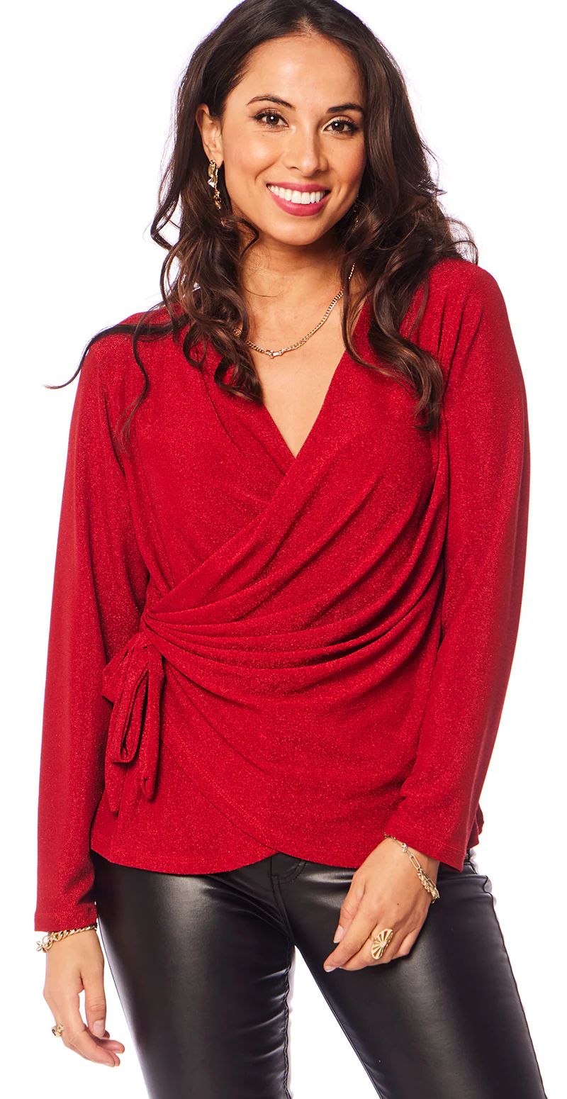 Nela glimmer bluse med wrap-effekt rød LikeLondon - Image 4