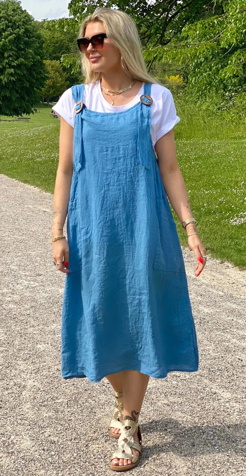 Hilda spencer kjole i hør med træknapper og lommer denim LikeLondon - Image 2