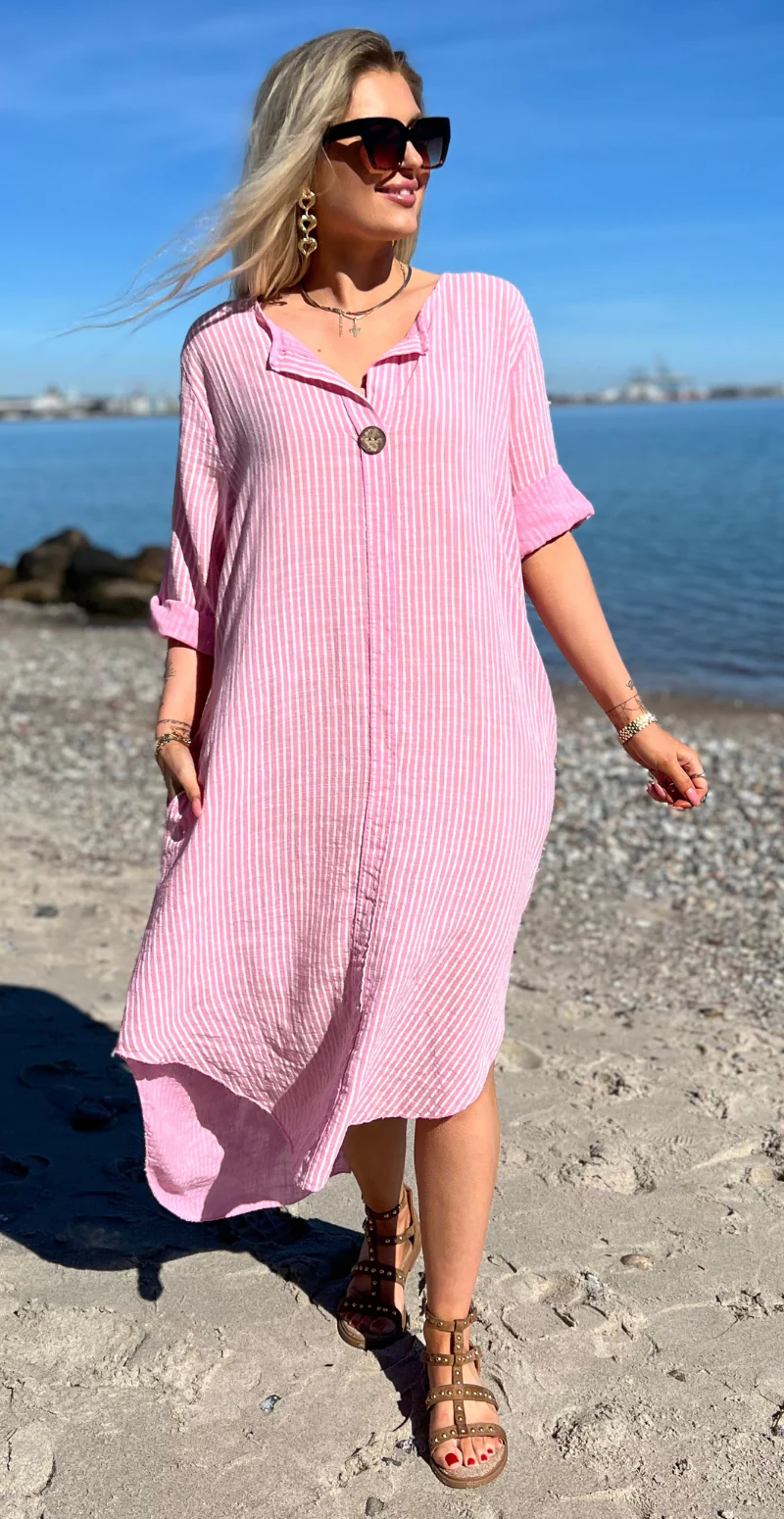 Ibi stribet kjole med lommer og træknap pink LikeLondon - Image 3