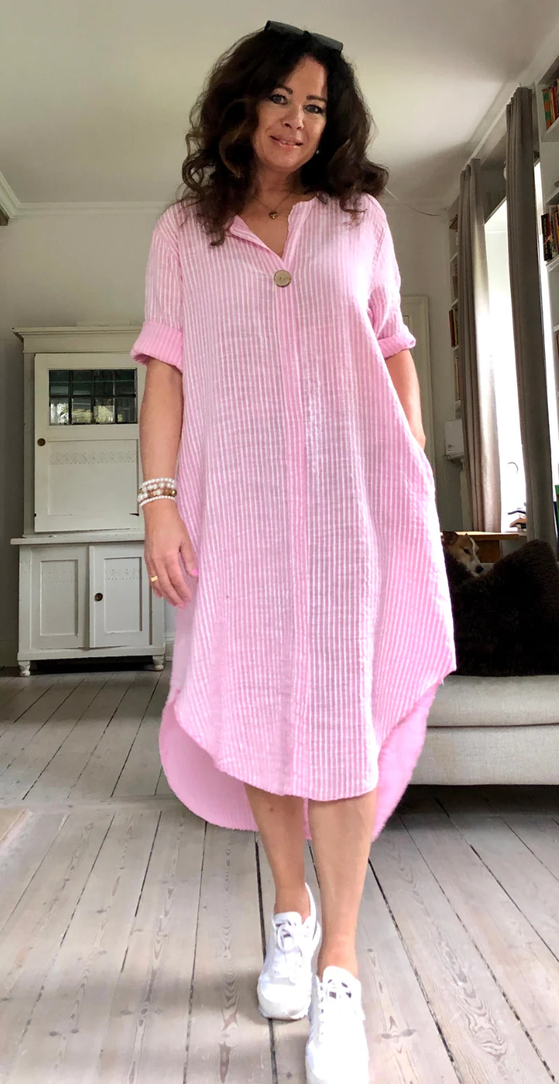 Ibi stribet kjole med lommer og træknap pink LikeLondon - Image 4