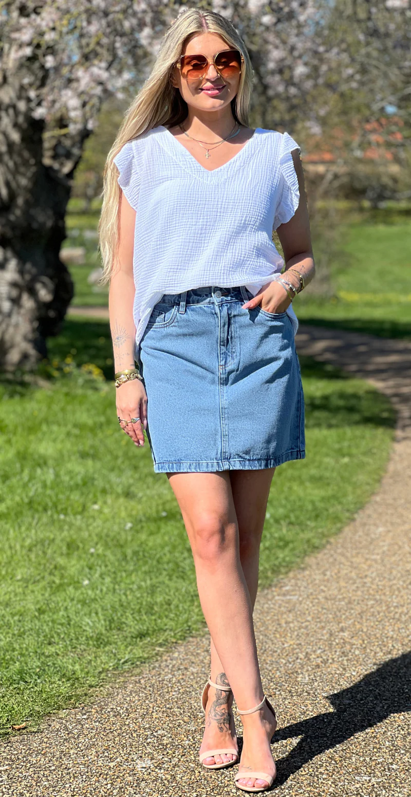 Kannia denim nederdel  med lommer light blue denim B.young - Image 2