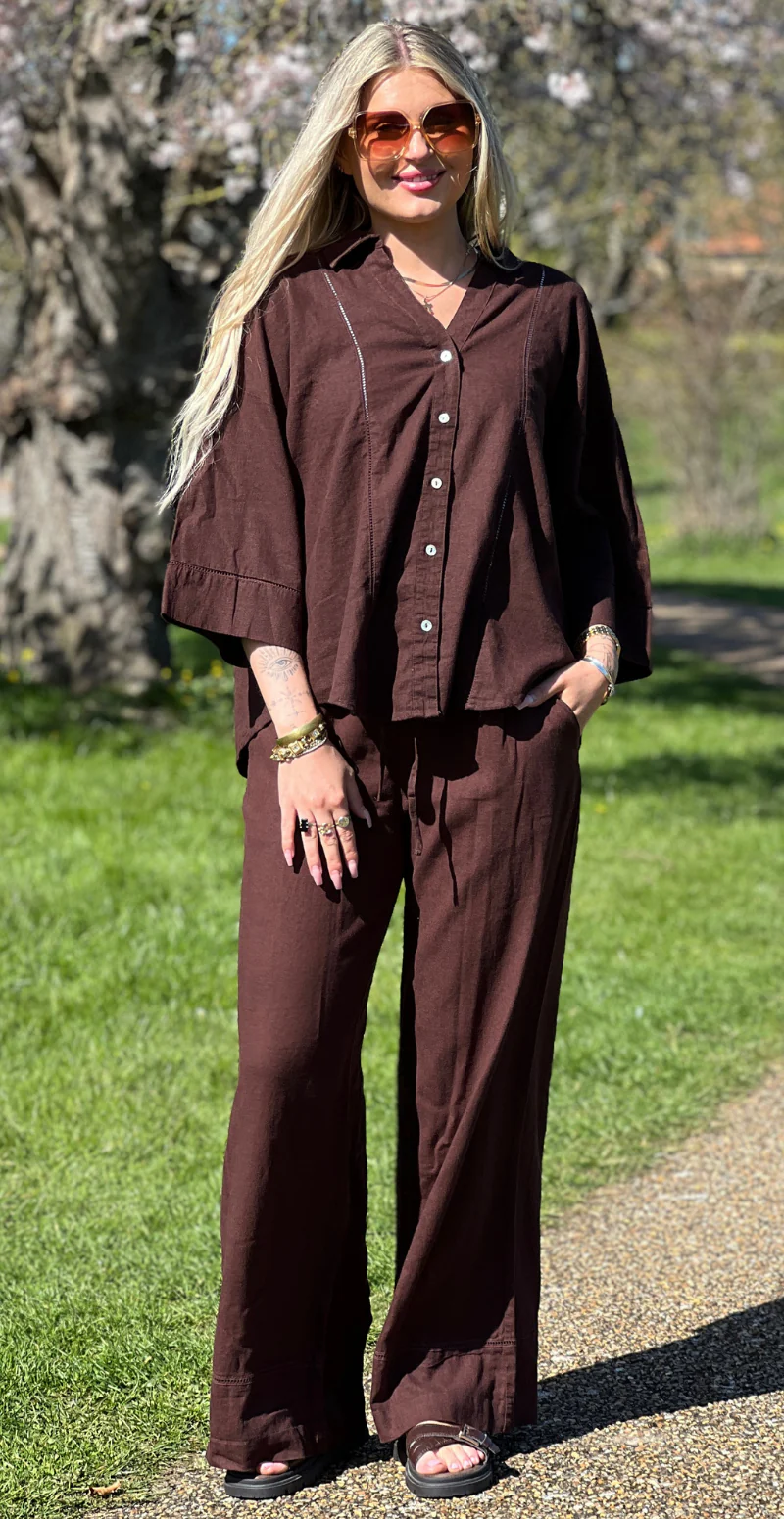 Laluna hørbukser med bindebånd og hulmønster på benet coffee bean Freequent - Image 5