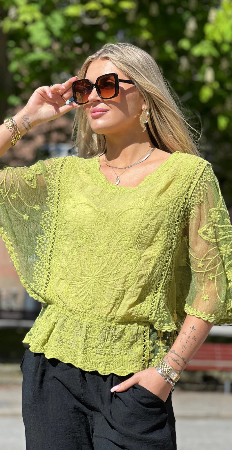 Lexi bluse med elastik i taljen og blonde lime LikeLondon - Image 2