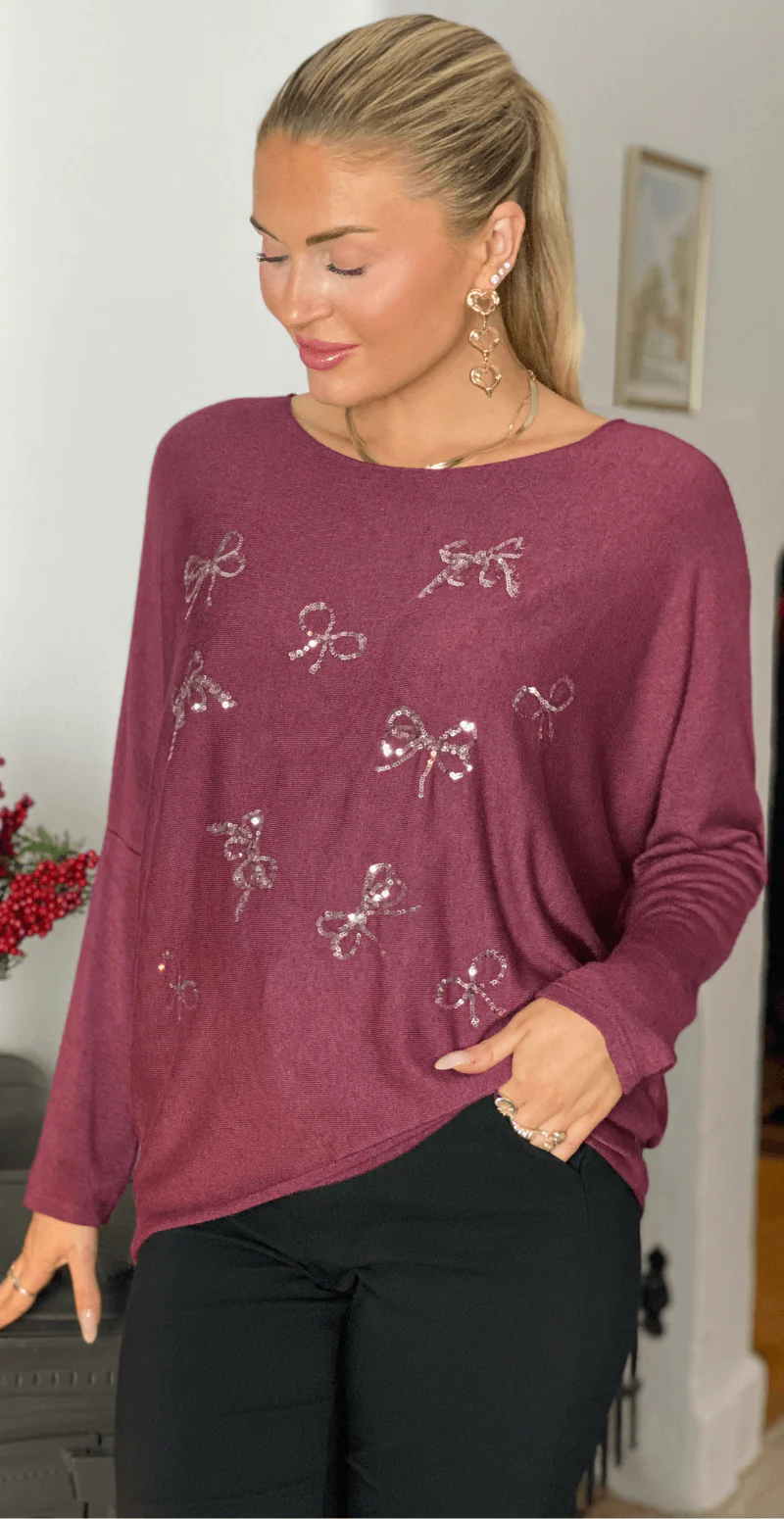 Madelene bluse med små paillet sløjfer bordeaux LikeLondon - Image 2