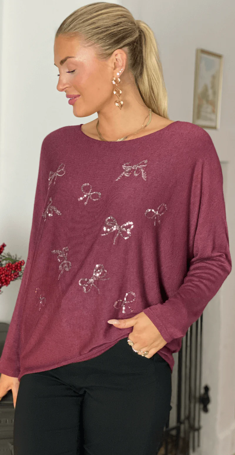 Madelene bluse med små paillet sløjfer bordeaux LikeLondon - Image 4