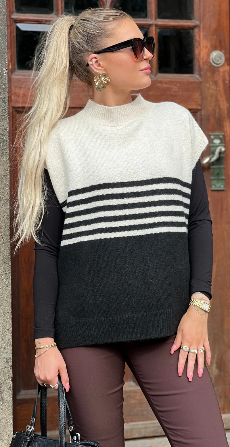 Melinda to-farvet strikvest med striber creme/sort LikeLondon - Image 3