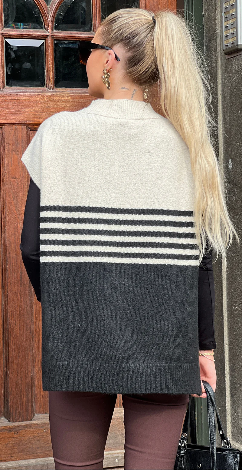 Melinda to-farvet strikvest med striber creme/sort LikeLondon - Image 7