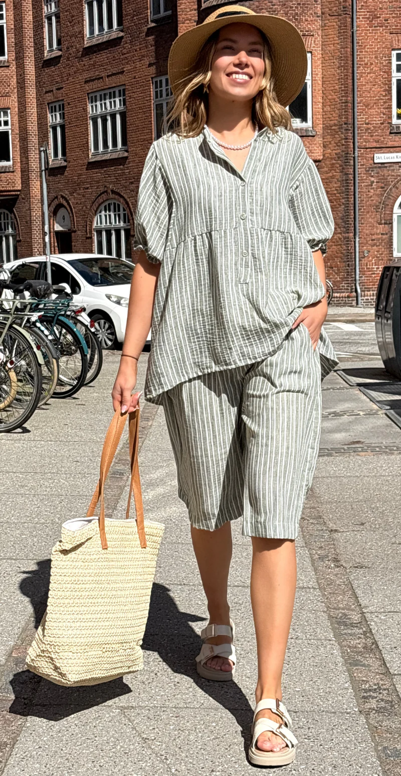 Merle stribet shorts med fletbælte khaki LikeLondon - Image 3