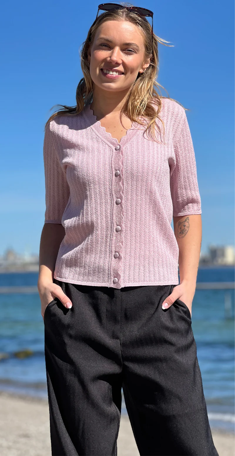 Mobbe rib cardigan med v-hals parfait pink B.young - Image 2