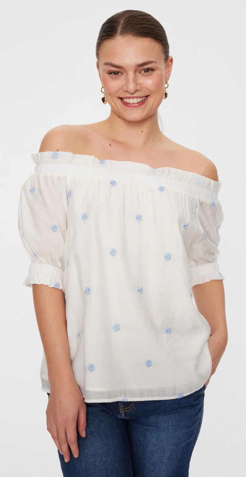 Offshoulder bluse små blomster hvid og blå