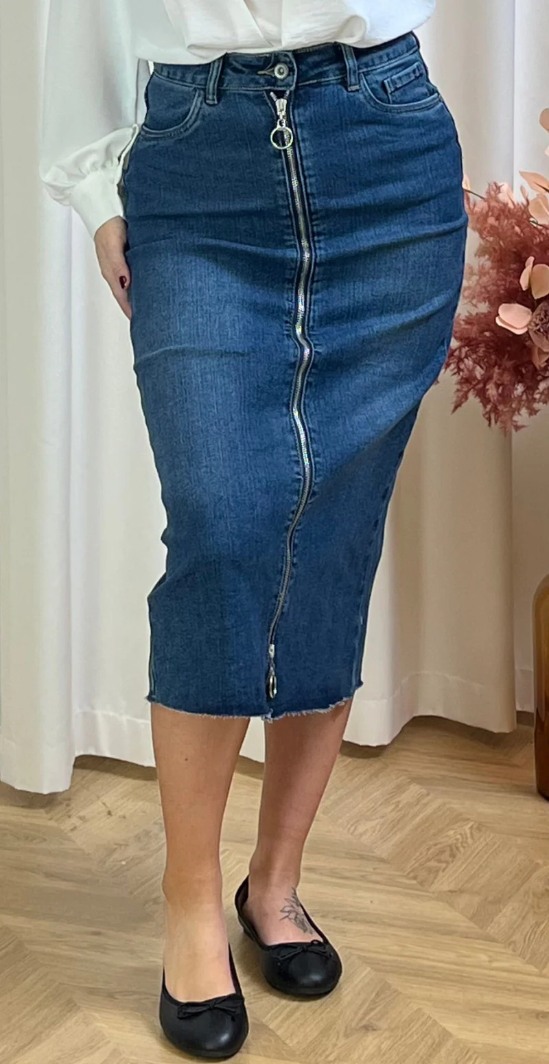 Ora nederdel med lynlås mørk denim LikeLondon - Image 4