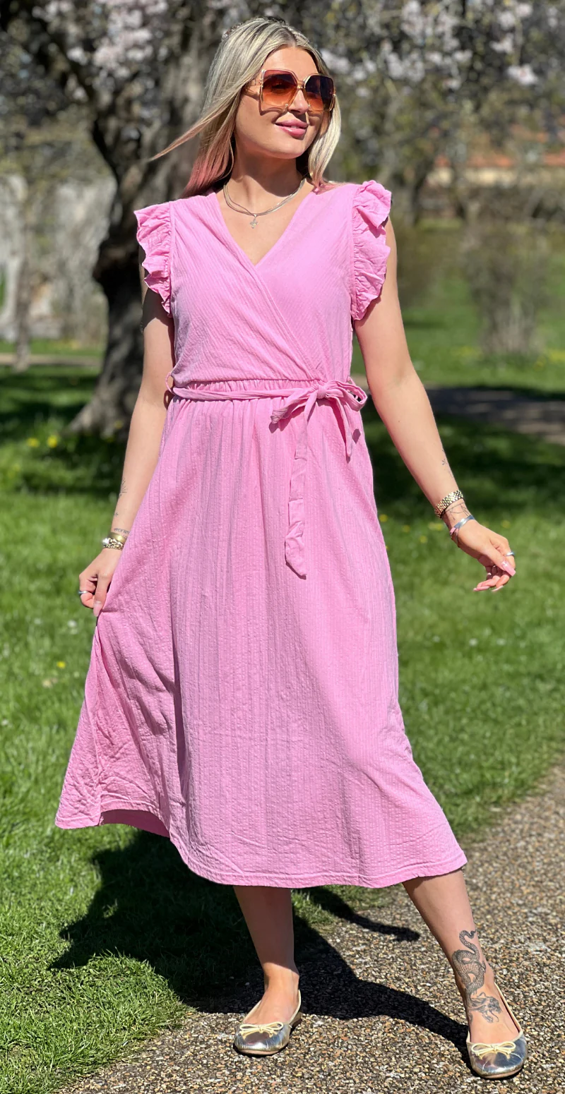 Paige kjole med flæsedetaljer og bindebånd begonia pink B.young - Image 3