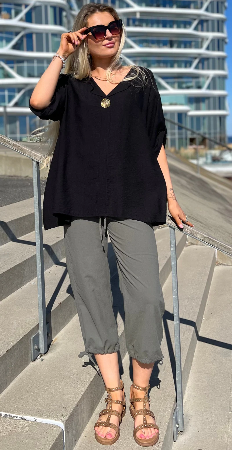 Sally capri bukser med bindebånd og snøre khaki - Image 2