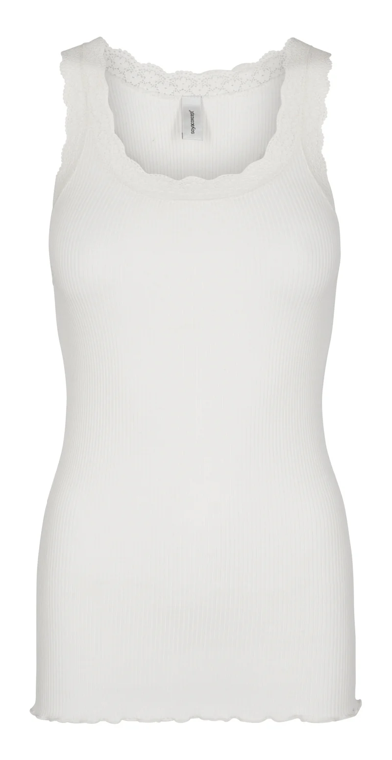 Top med blondekant i silke off-white