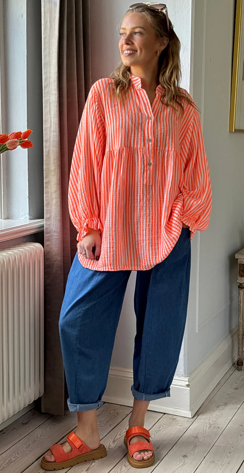 Zelina stribet bluse i musselin med vidde og ballonærmer orange LikeLondon - Image 9
